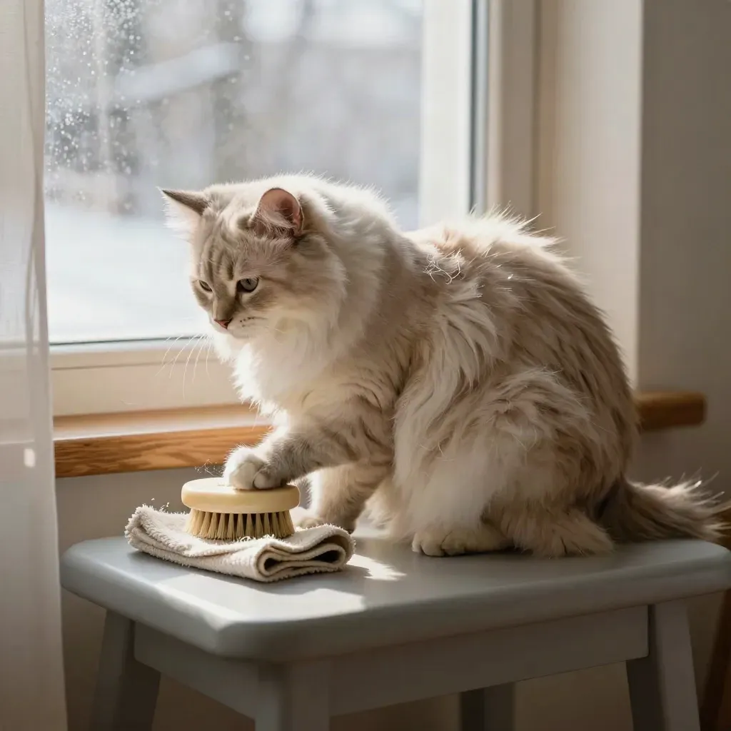 Langhaarkatze am Fensterhocker, neben Bürste und Fellbüscheln im Winterlicht.