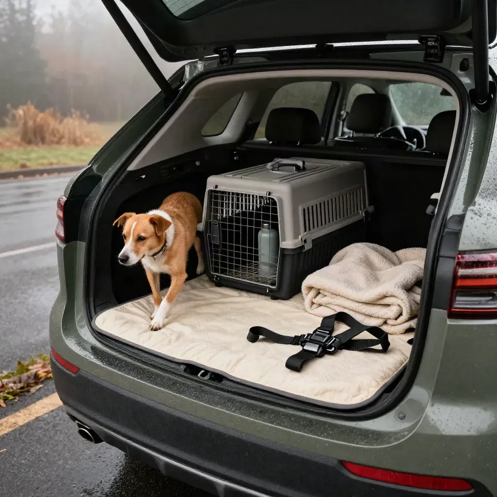 Hund steigt in offenen Kofferraum mit Box, Wasserflasche, Decke und Reisematte im Herbstregen.