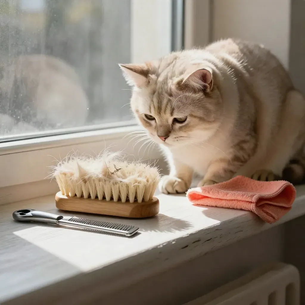 Katze auf der Fensterbank neben Bürste, Kamm und schwebenden Haaren im Licht.
