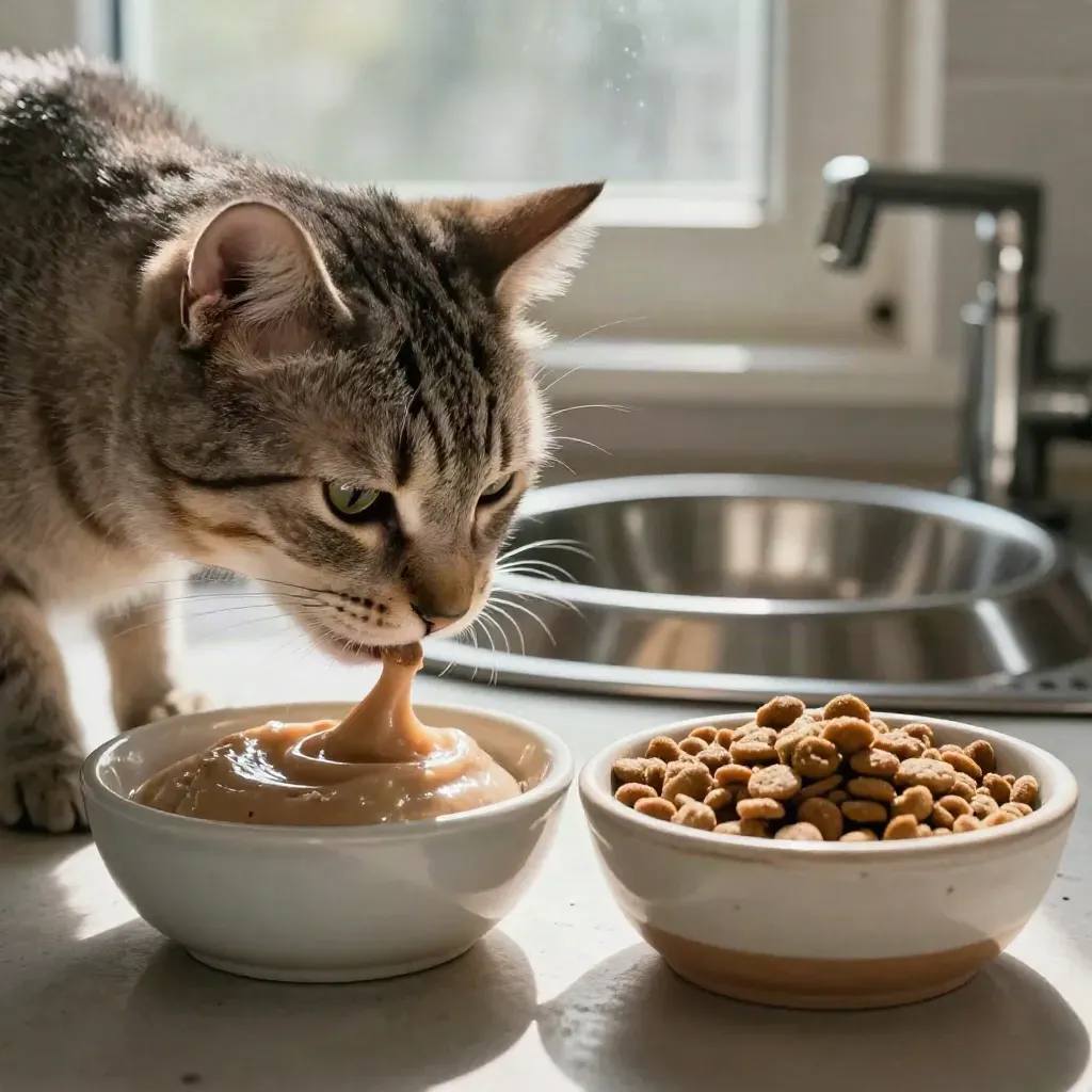 Katze schnuppert an Nass- und Trockenfutter neben zwei Futternäpfen in der Küche.