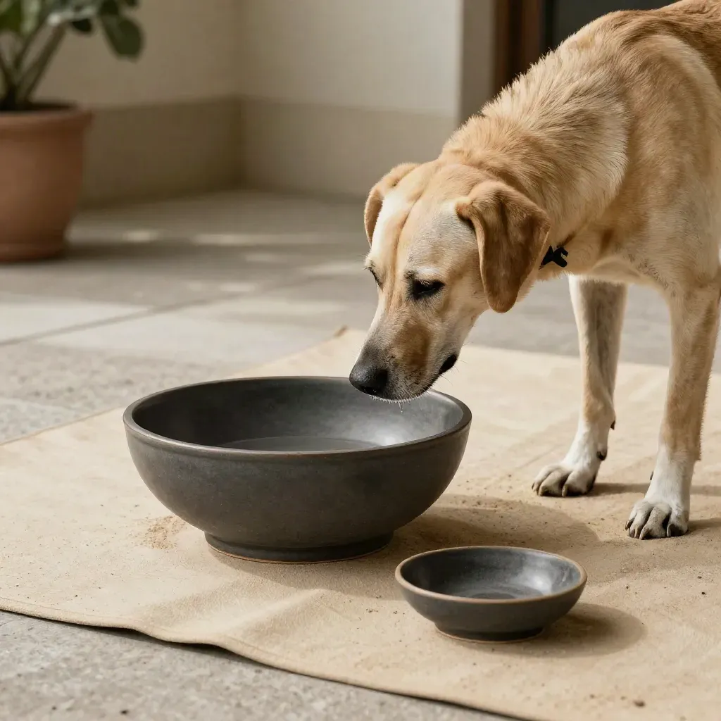 Hund trinkt im Sommer aus einem Wassernapf neben Kühlmatte auf der Terrasse.